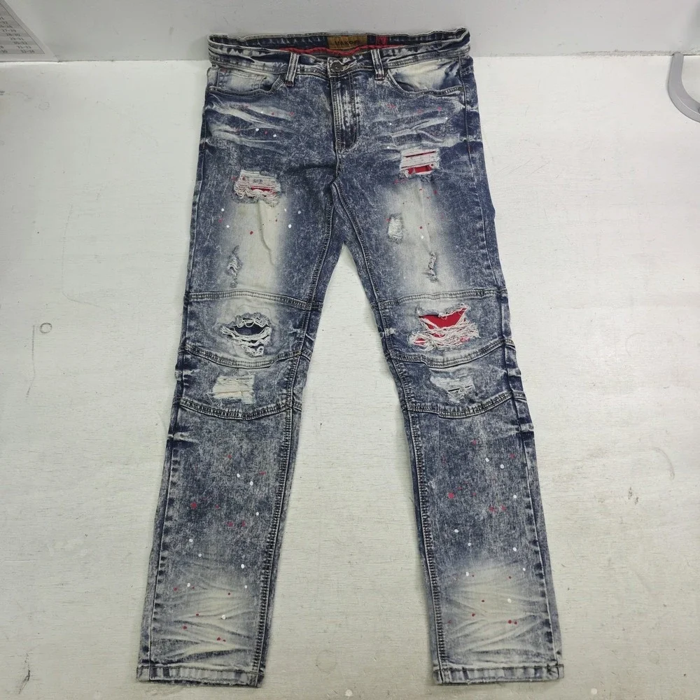 Makobi Biker Jeans Men's Size 36x32 Acid Wash Distressed Paint Splatter Moto